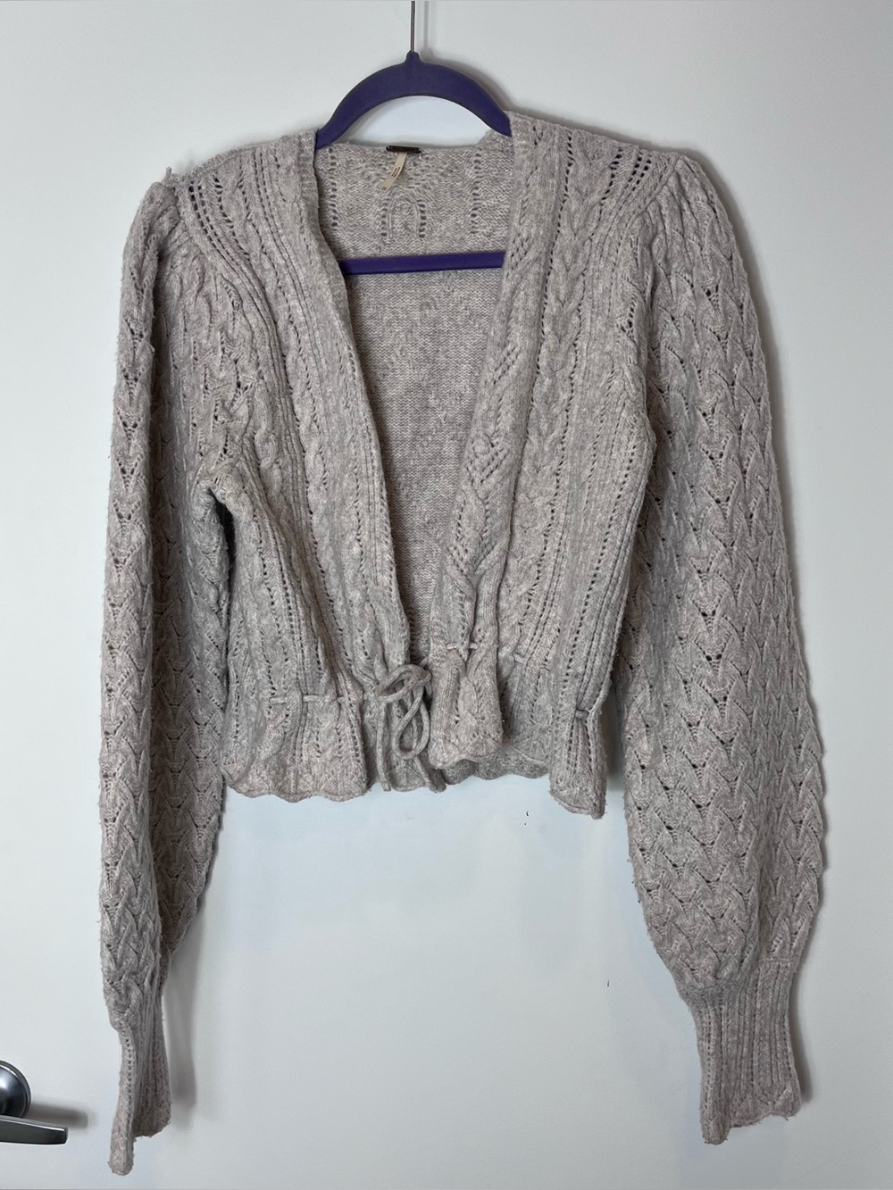 Free People Crochet Cable Knit‎ Cardigan Sweater XS Eyelet Anthropologie Tie